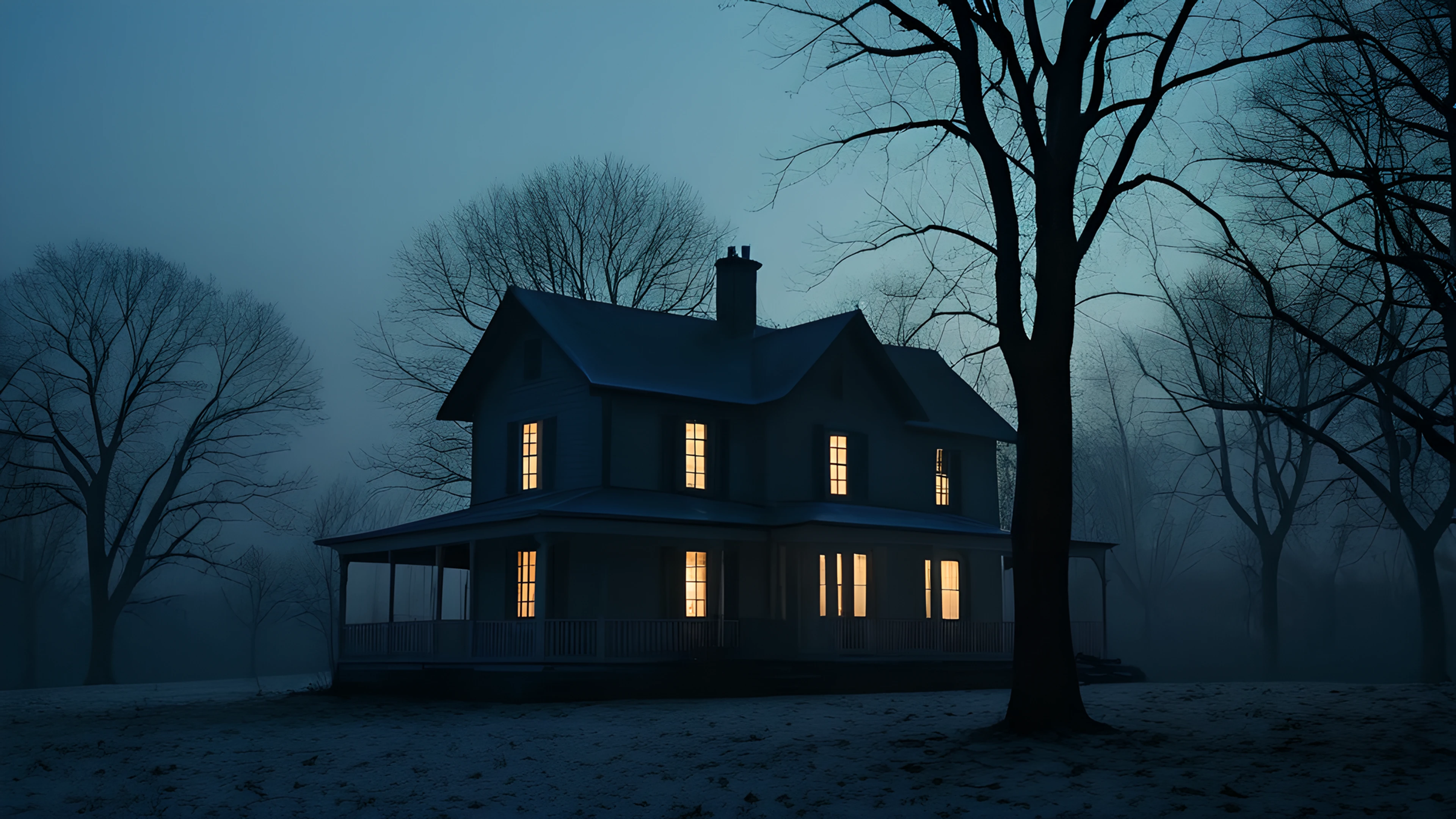 4K Halloween Haunted Street bare trees 2025-10-18