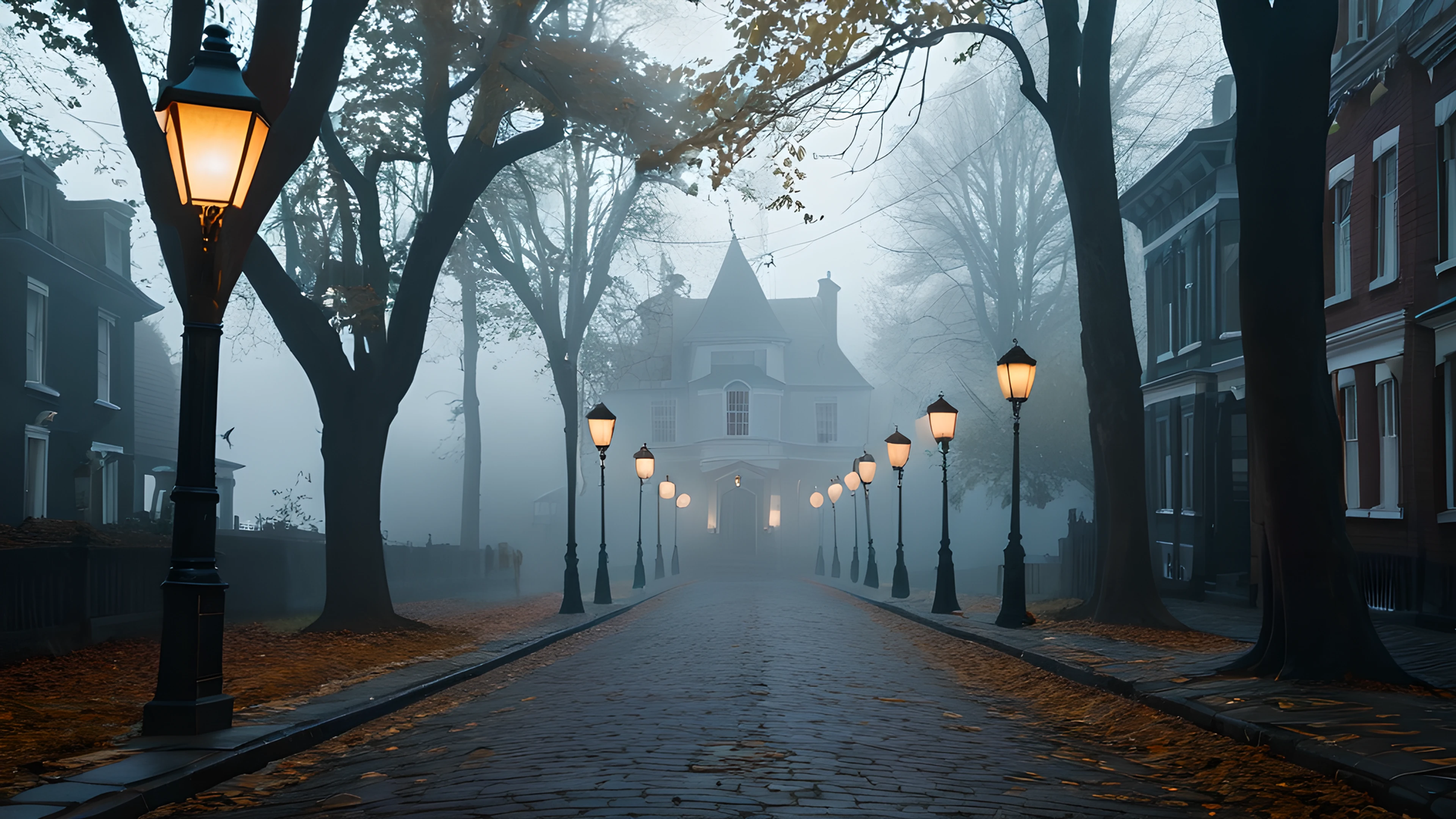 4K Halloween Haunted Street victorian houses 2025-10-18