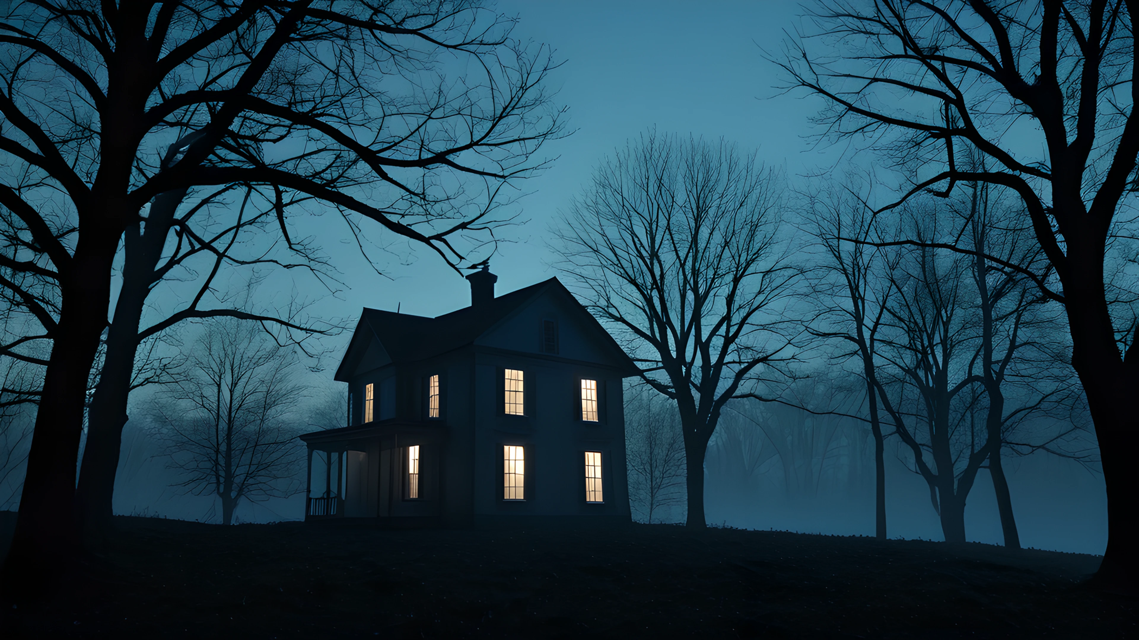 4K Halloween Haunted Street bare trees 2025-10-21