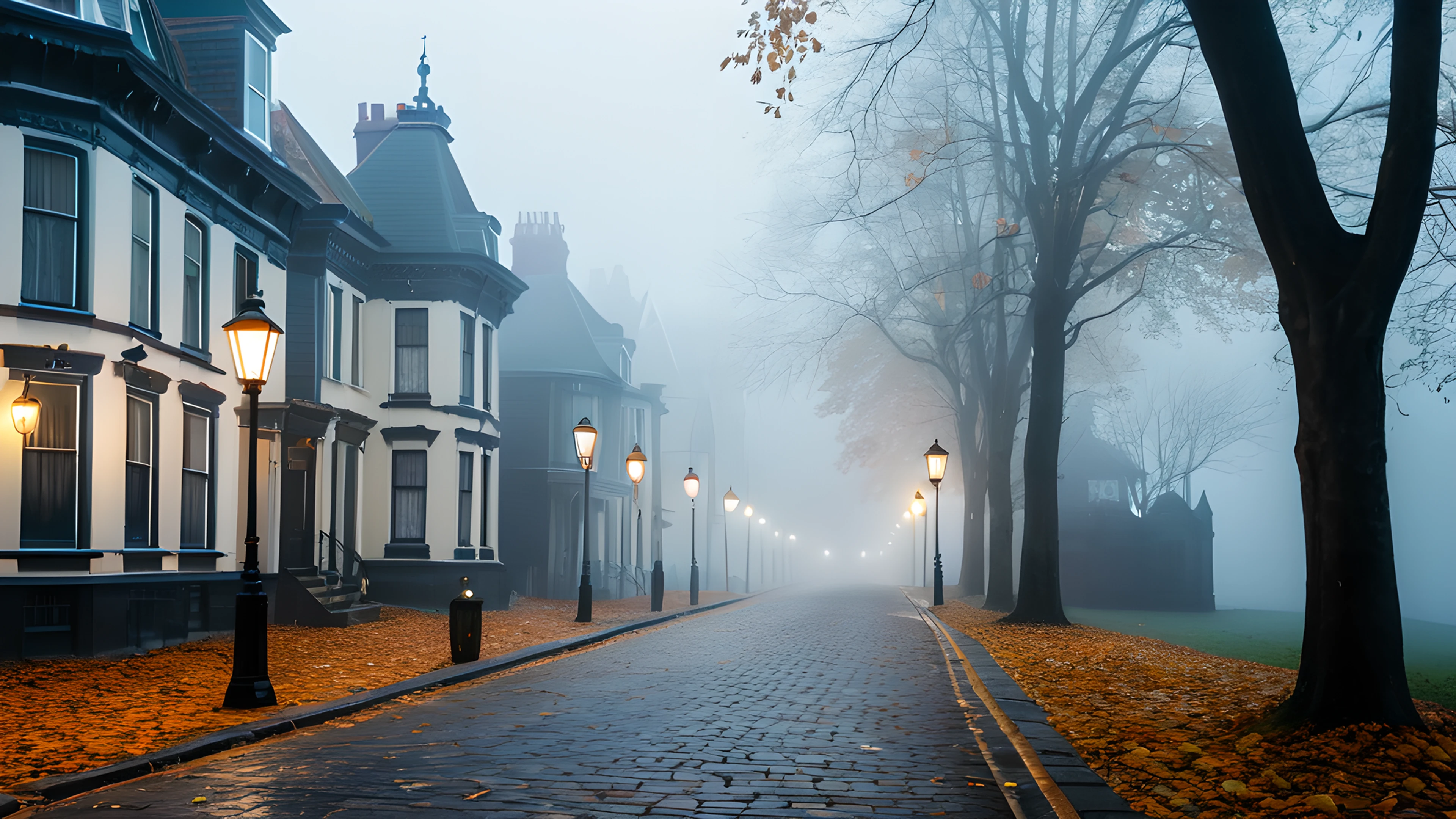 4K Halloween Haunted Street victorian houses 2025-10-21