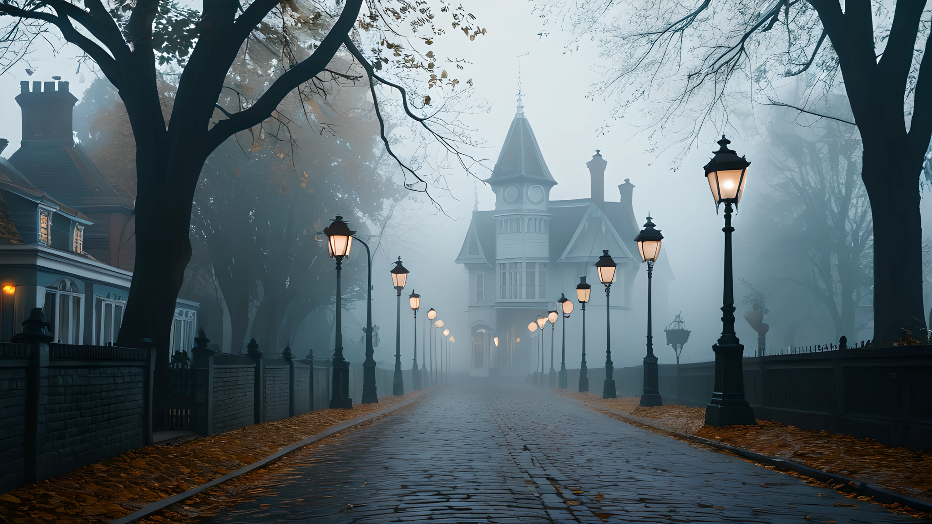4K Halloween Haunted Street victorian houses 2025-10-29